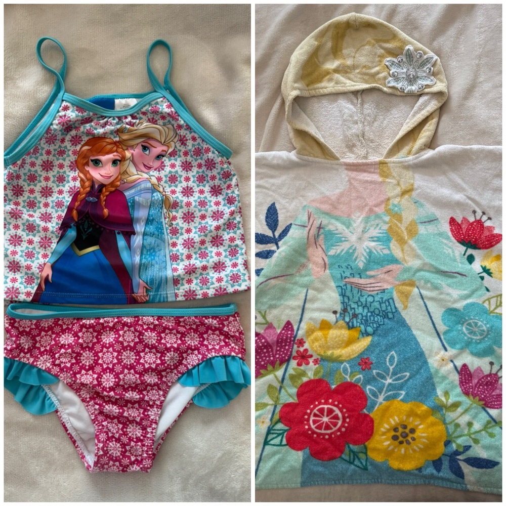 Disney Frozen girls swimsuit and hooded towel cover up, size 5T